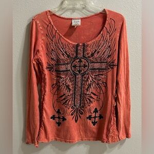 Vocal Top Size L Orange Rhinestone Cross Angel Wings Biker Grunge Tattoo Goth